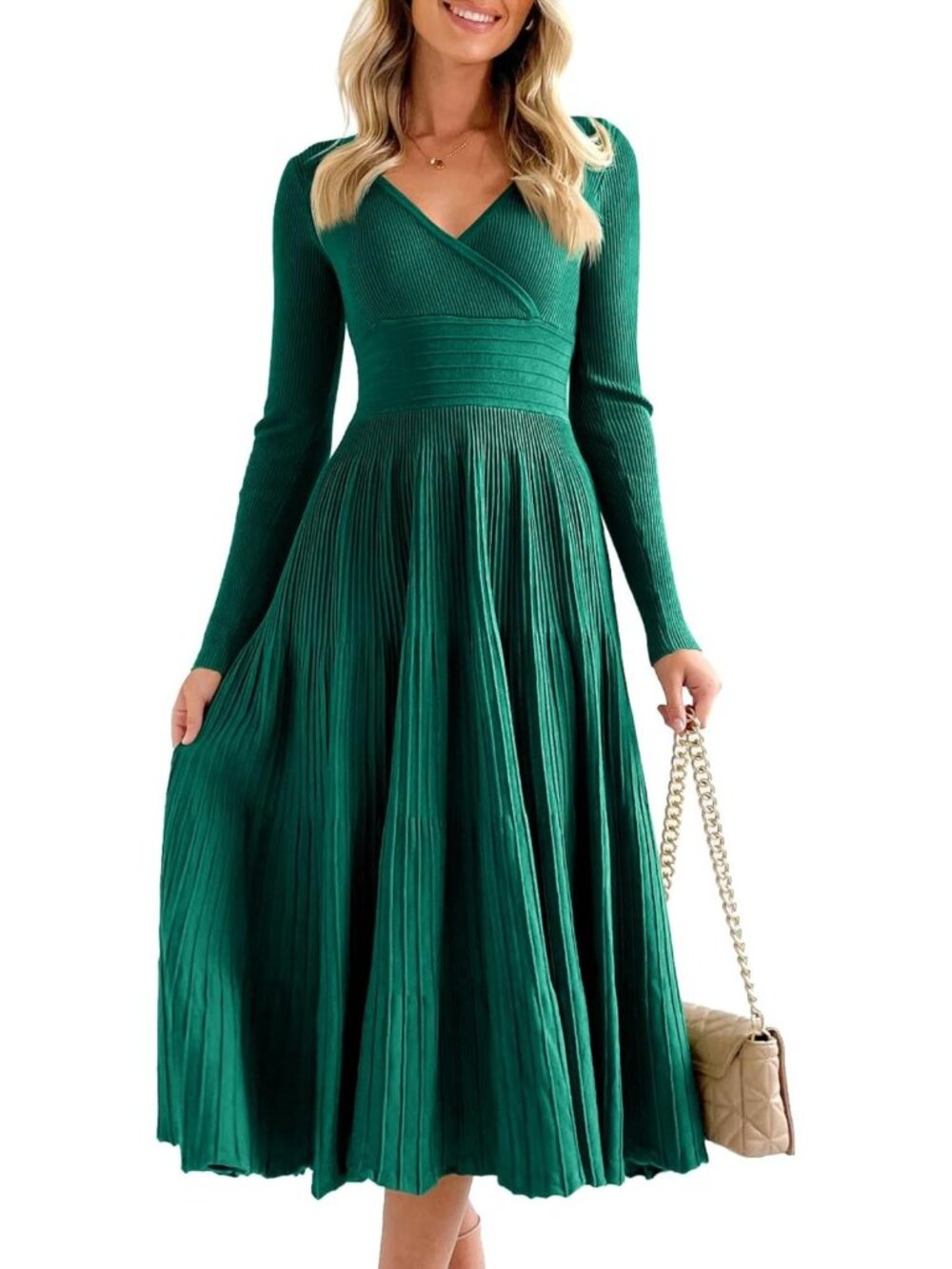 Chic Long Sleeve Midi Sweater Dress | V Neck Pleated Maxi Dress for Women